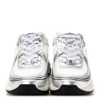 Chanel Fabric Laminated Calfskin Stretch CC Sneakers 39.5 White Silver 3 of 10