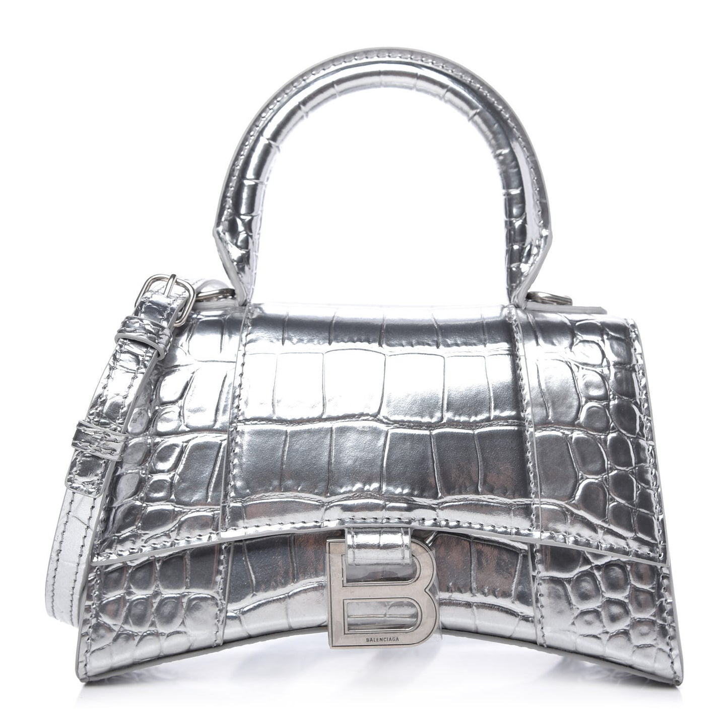 Metallic Calfskin Crocodile Embossed Hourglass Top Handle Bag XS Silver