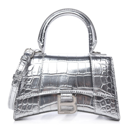 Balenciaga Metallic Calfskin Crocodile Embossed Hourglass Top Handle Bag XS Silver 1 of 10