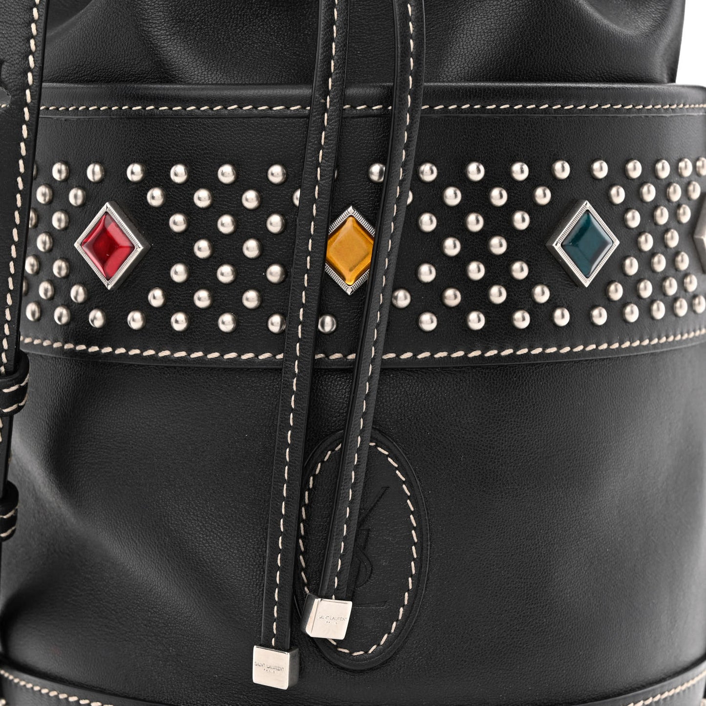 Smooth Calfskin Studded Small Bahia Drawstring Bucket Bag Black Multicolor