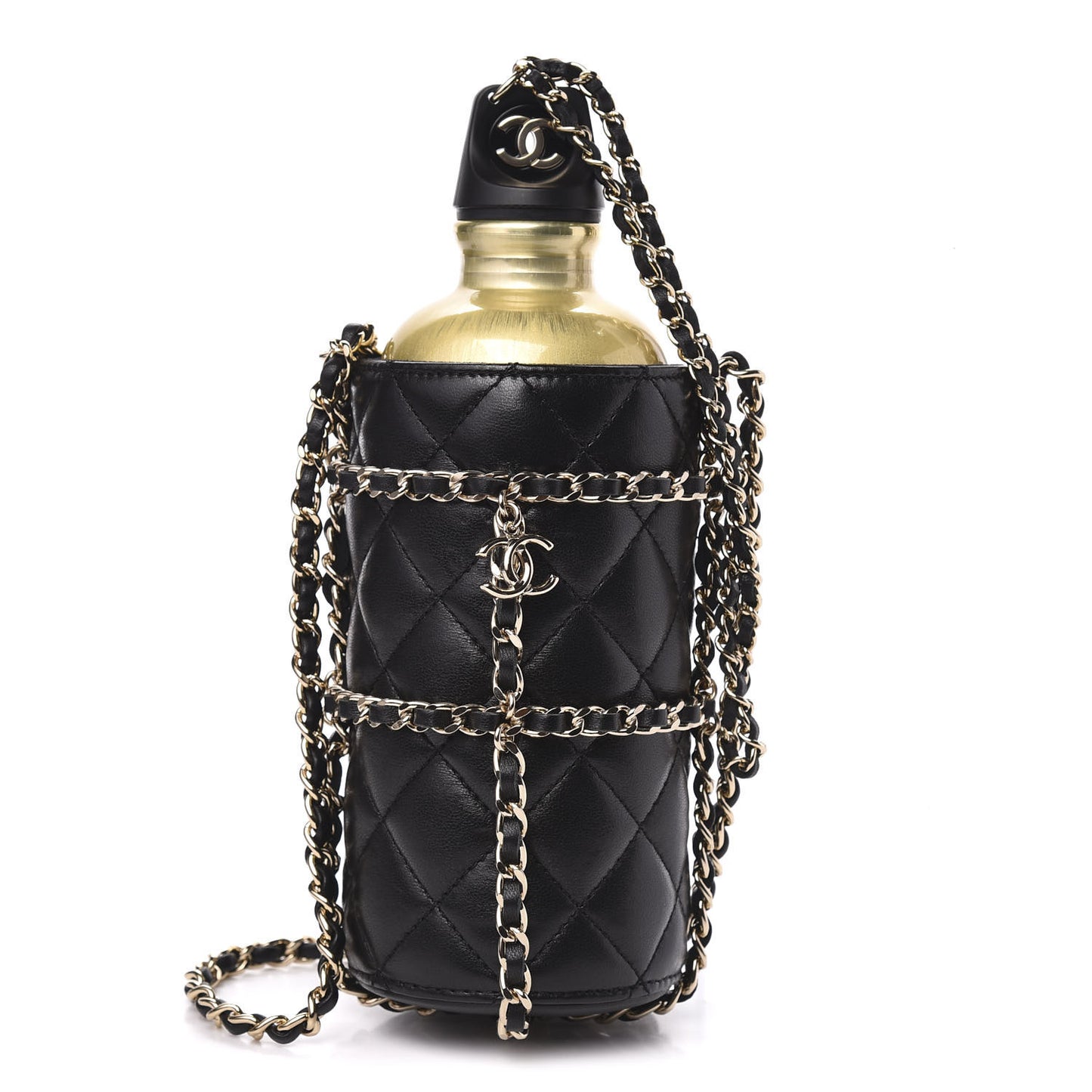 Lambskin Quilted CC To Drink Water Bottle Black Gold