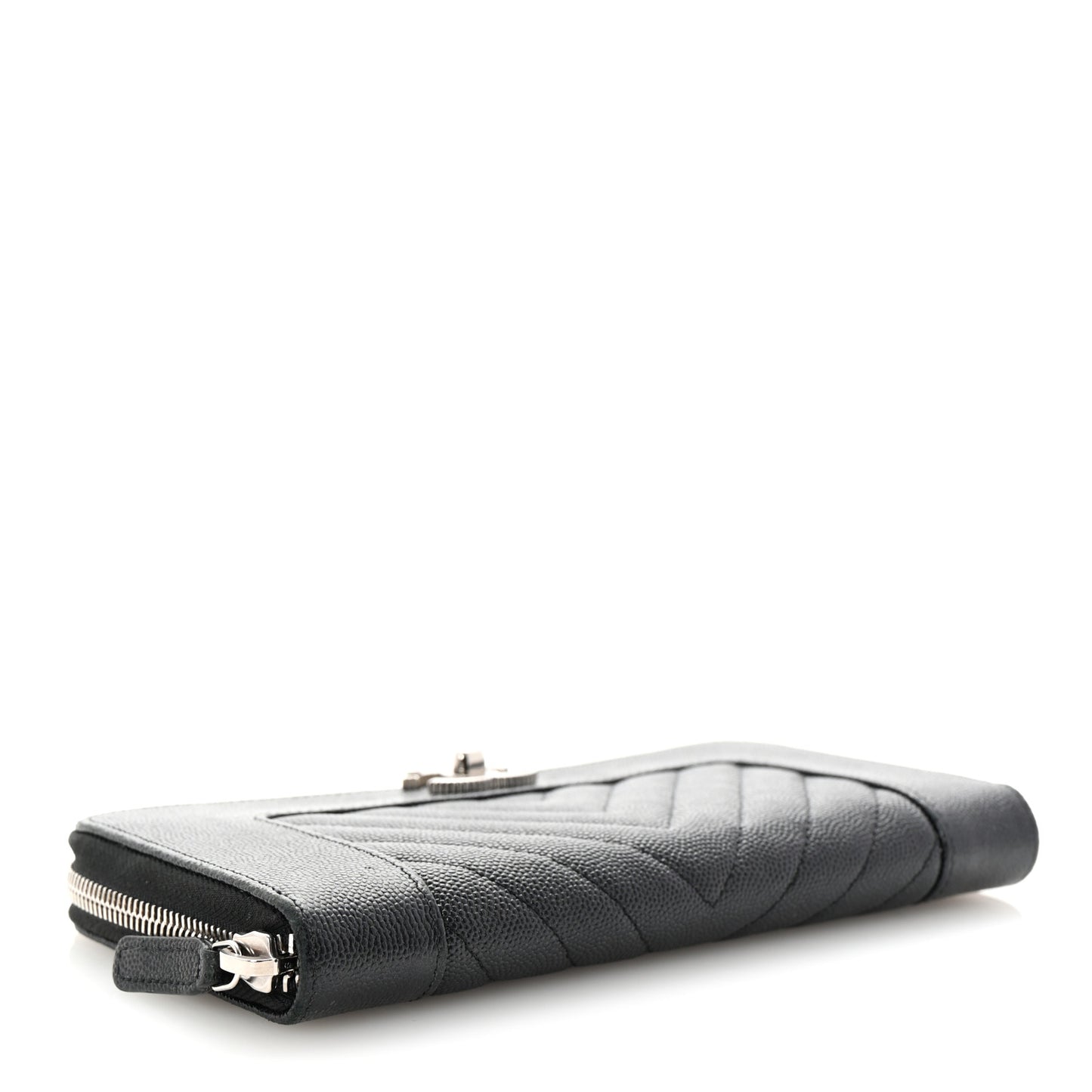 Caviar Sheepskin Chevron Quilted Mademoiselle Vintage Zip Around Wallet Black
