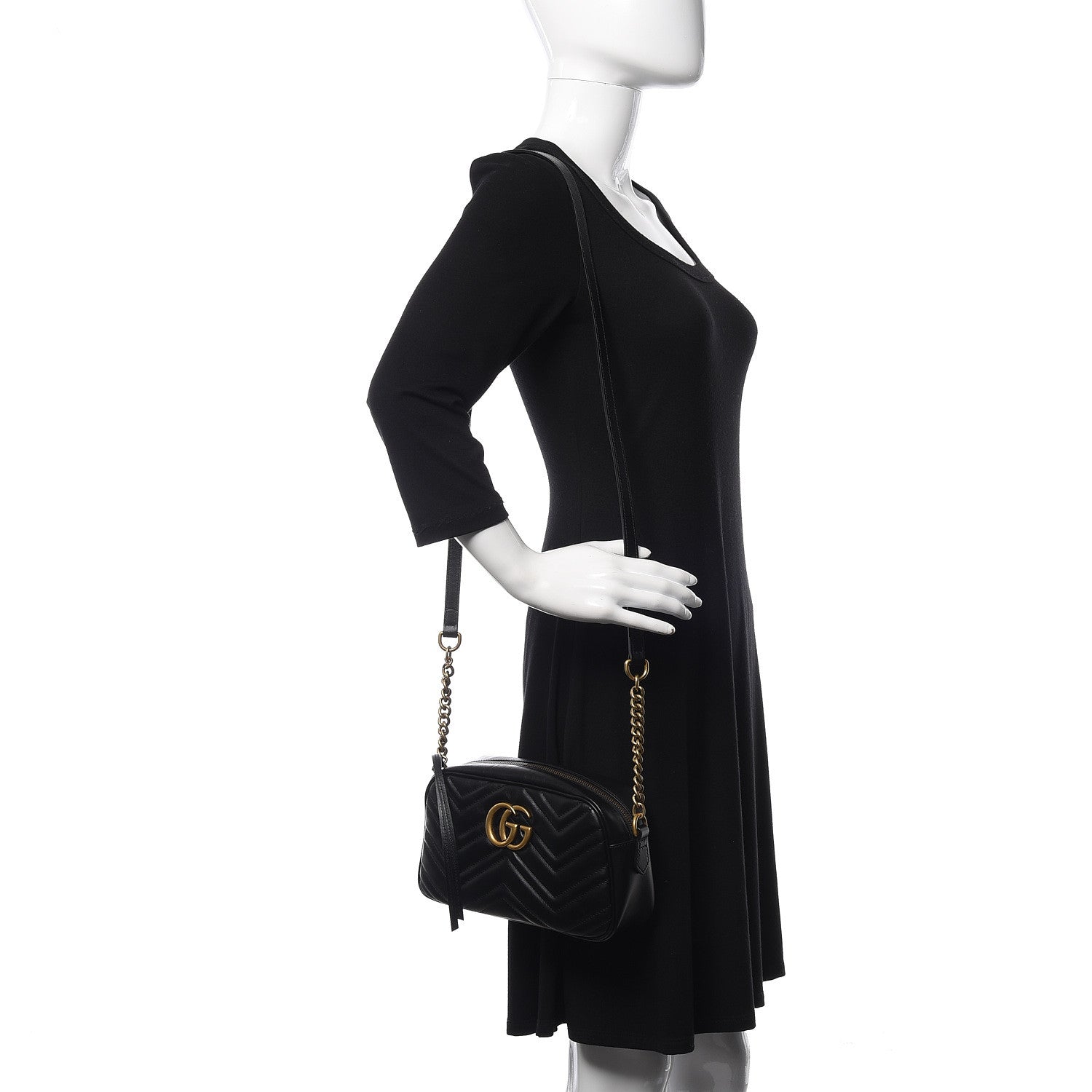 Gucci Calfskin Matelasse Small GG Marmont Chain Shoulder Bag Black 2 of 13