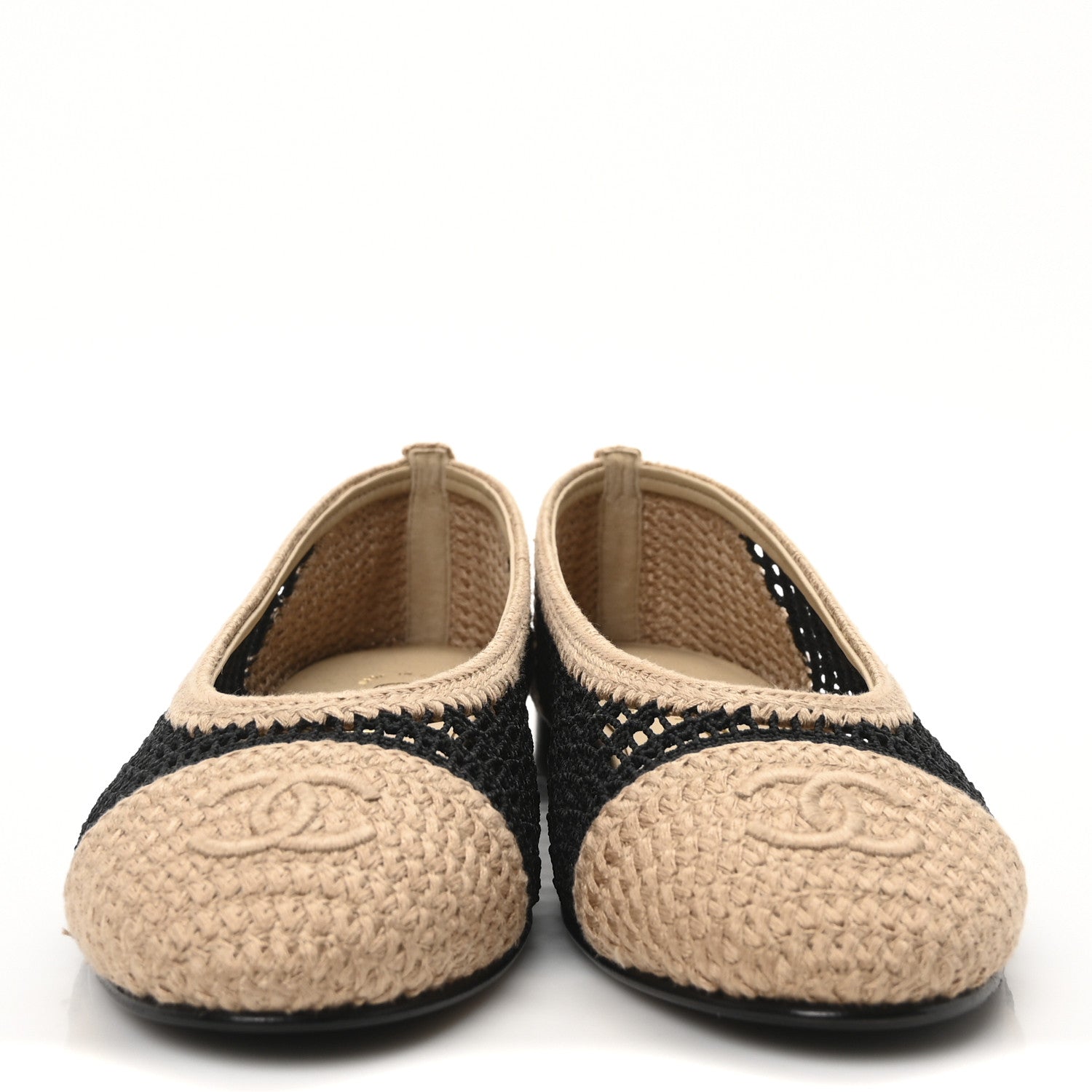 Chanel Raffia Cap Toe Ballerina Flats 37 Black Beige 3 of 9