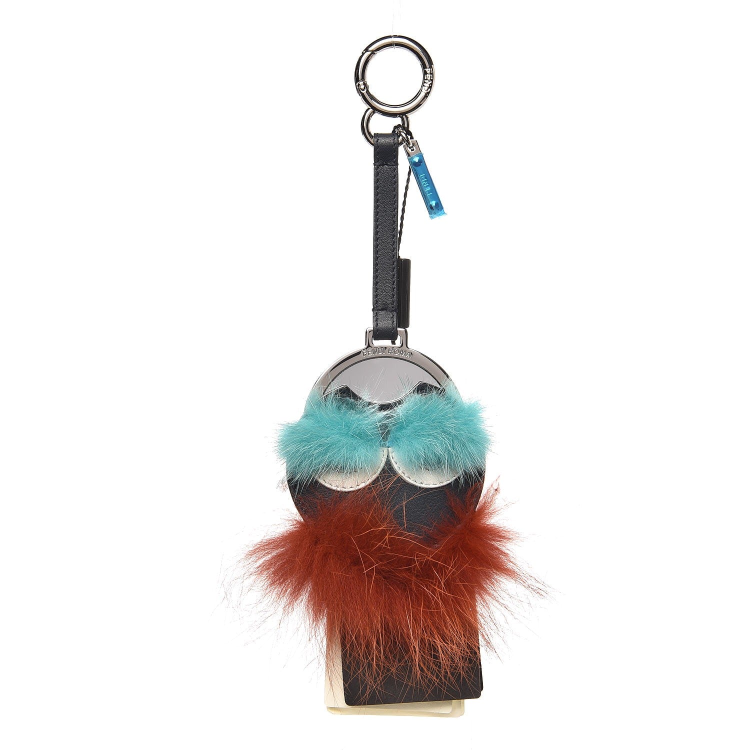 Fendi Vitello Dolce Fox Mink Fur Monster Bag Bug Mirror Charm Lavagna Rust Turquoise 1 of 2