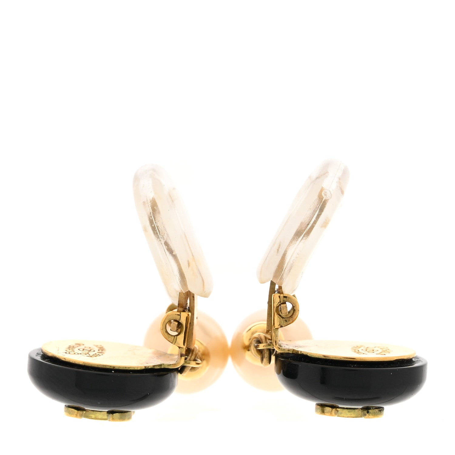 Chanel Resin Pearl CC Drop Clip On Earrings Gold Black White 3 of 4