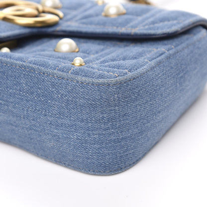 Gucci Denim Matelasse Pearl Studded Mini GG Marmont Shoulder Bag Blue 9 of 11