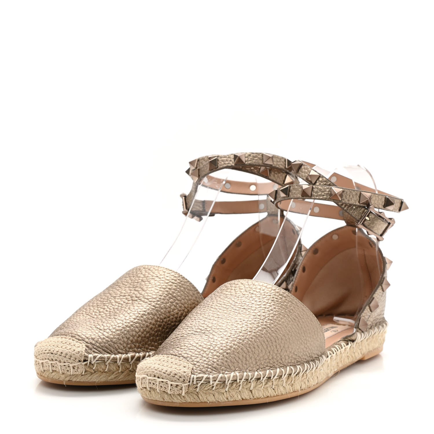 Valentino Garavani Metallic Grained Calfskin Rockstud Ankle Wrap Espadrille 20mm Flats 39 Skin Natural 3 of 7
