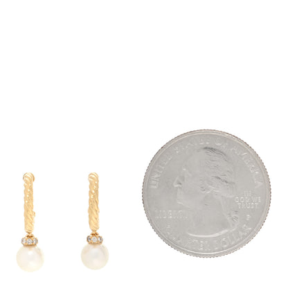 David Yurman 18K Yellow Gold Diamond Pearl Petite Solari Hoop Drop Earrings 2 of 5