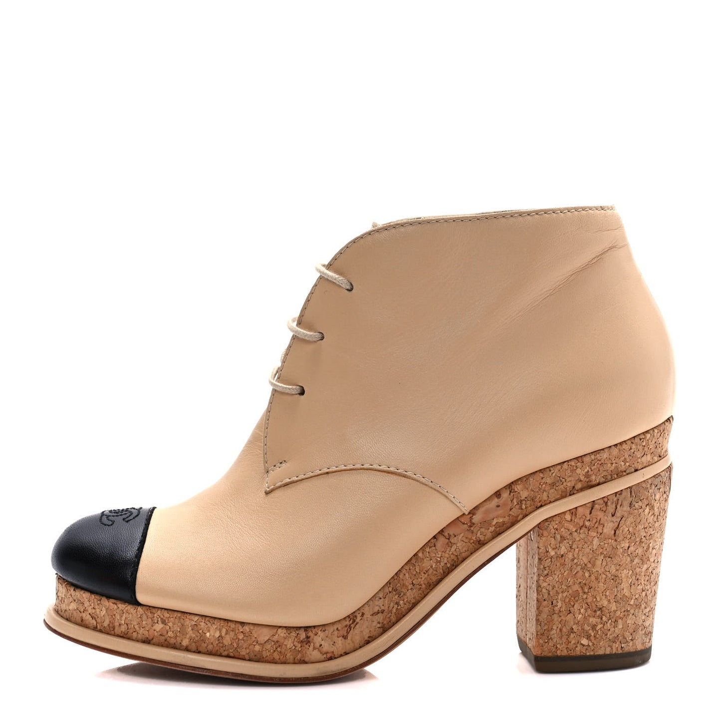 Lambskin Cork Cap Toe CC Lacets Booties 37.5 Beige Black