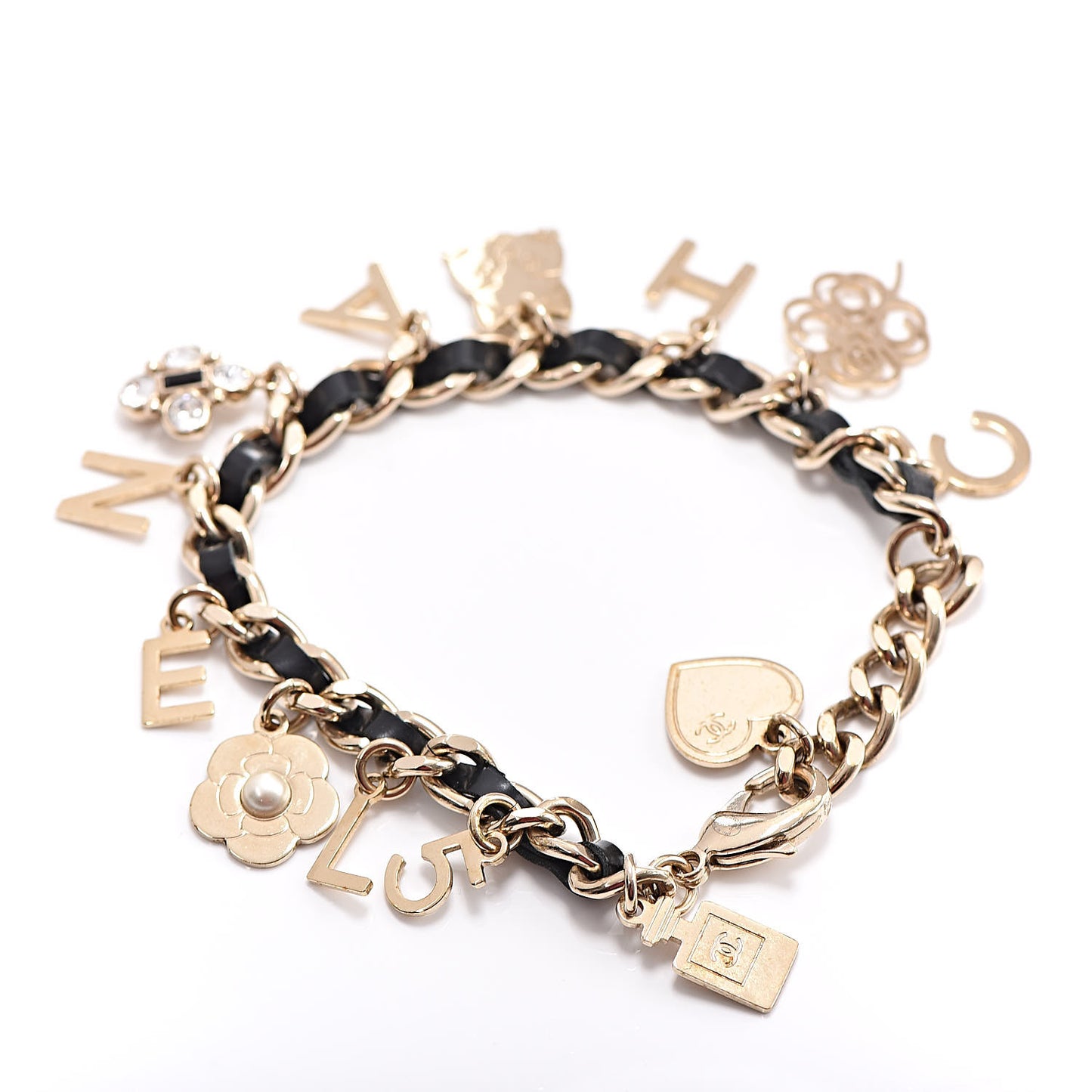 Lambskin Crystal CC Logo Charming Bracelet Gold Black