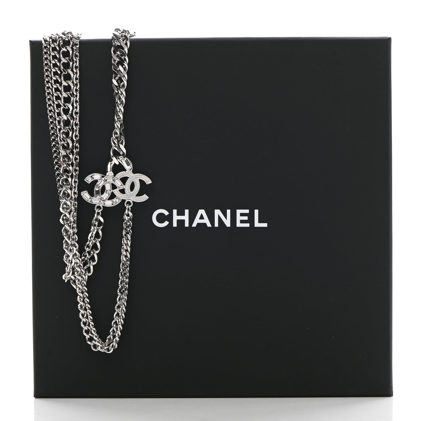 Baguette Crystal CC Multi Strand Long Chain Necklace Silver