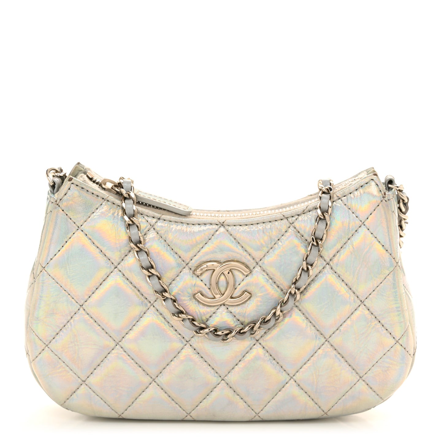 Iridescent Mirror Goatskin Quilted Clutch With Chain Silver