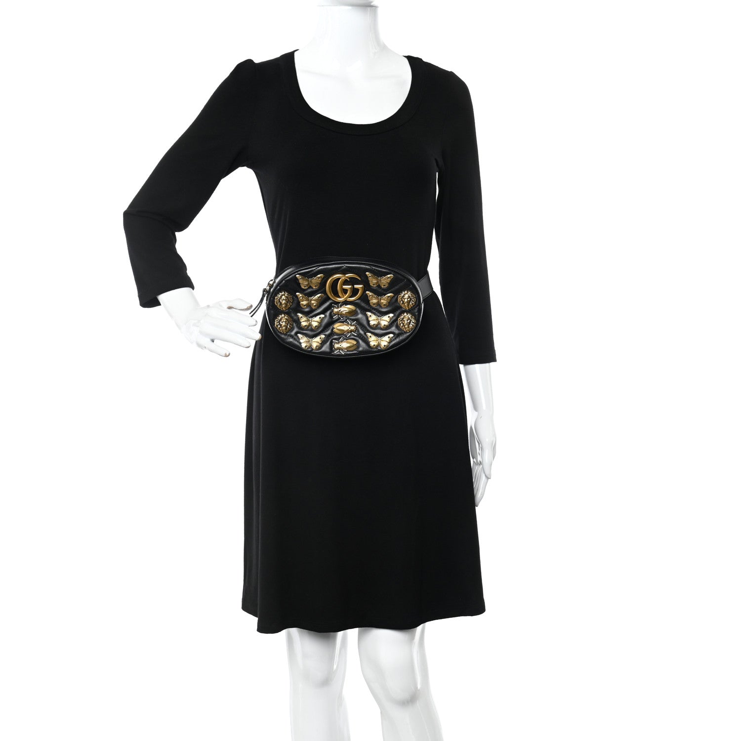 Gucci Calfskin Matelasse Animal Studs GG Marmont Belt Bag 85 34 Black 2 of 11