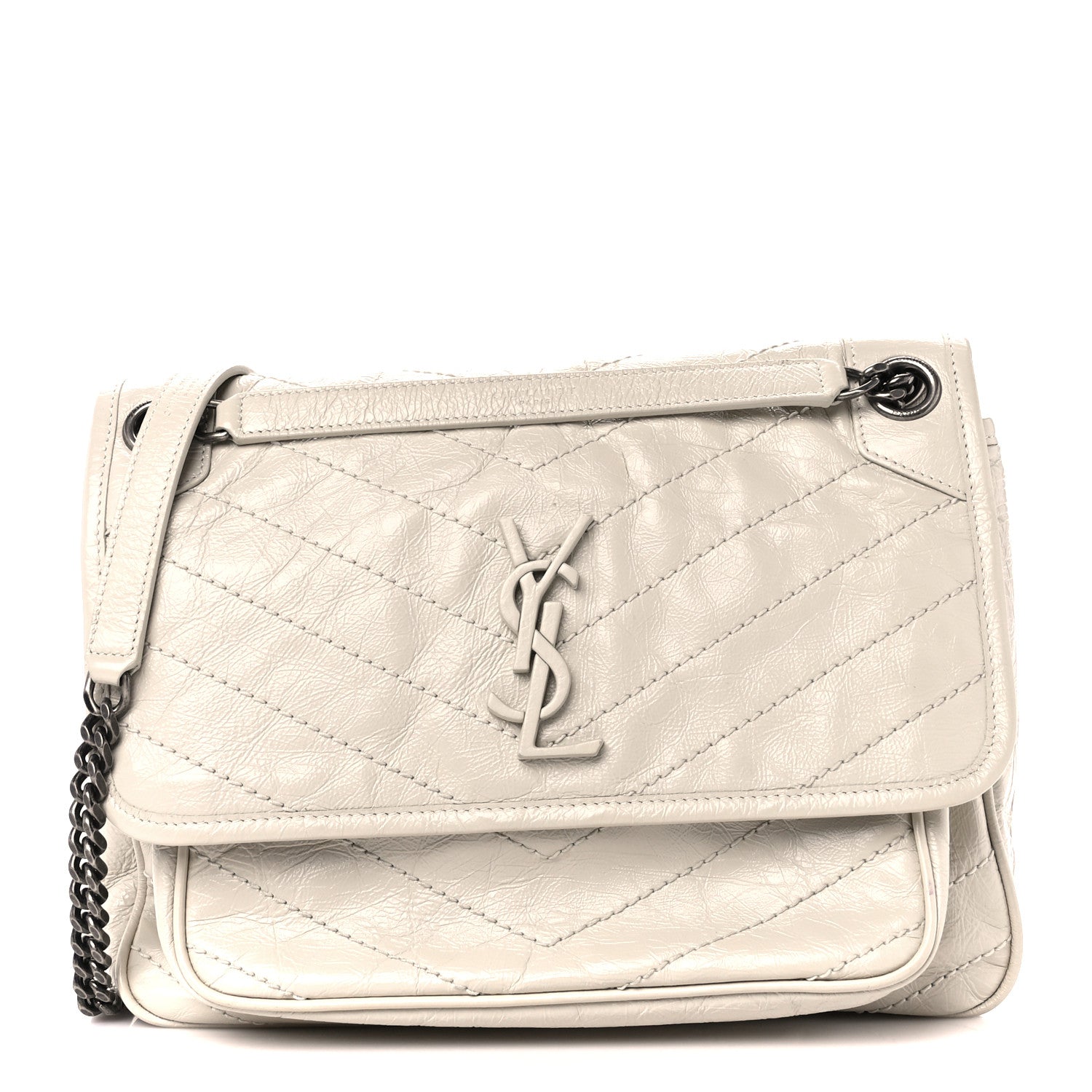Saint Laurent Crinkled Calfskin Matelasse Monogram Medium Niki Chain Satchel Blanc Vintage 1 of 11