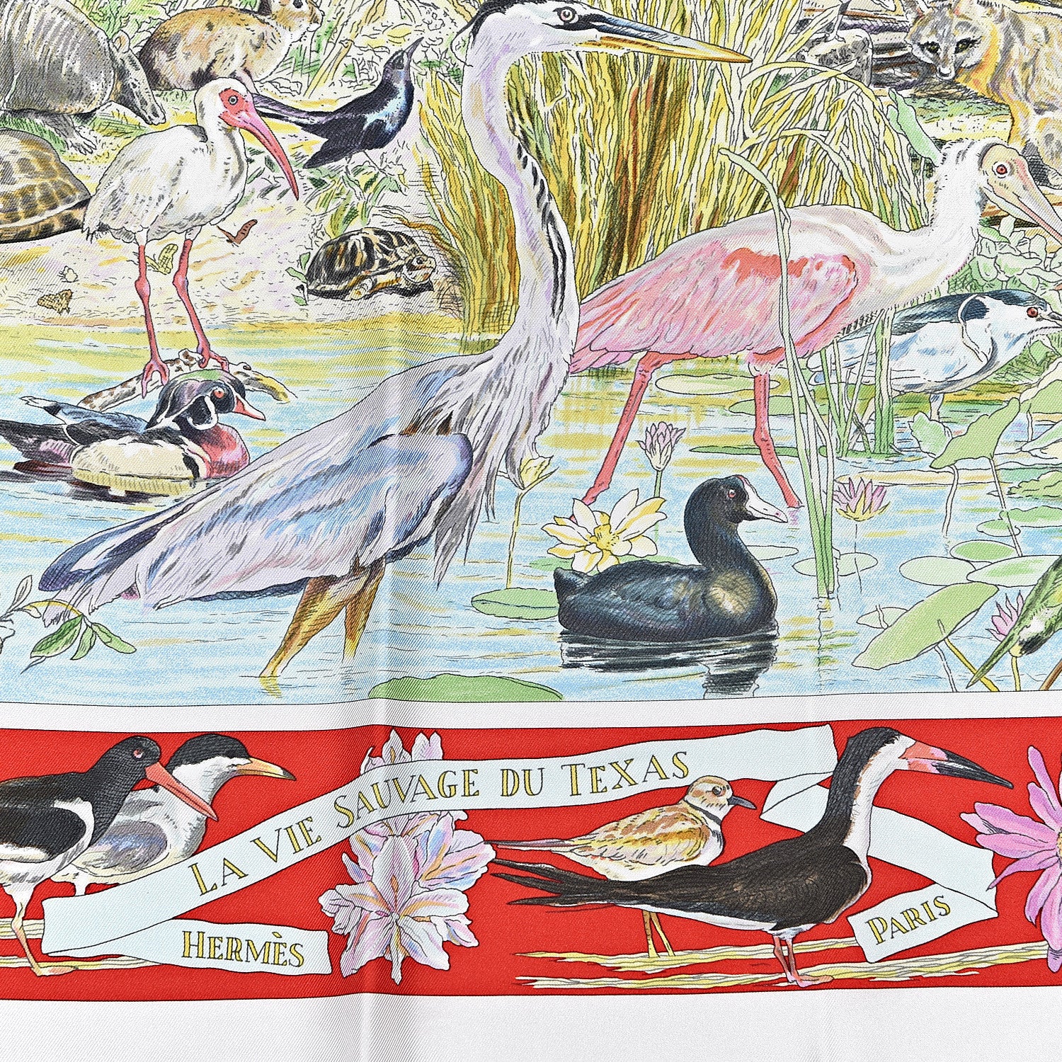 Hermes Silk La Vie Sauvage Du Texas Scarf 90 White Rouge Vert 3 of 5