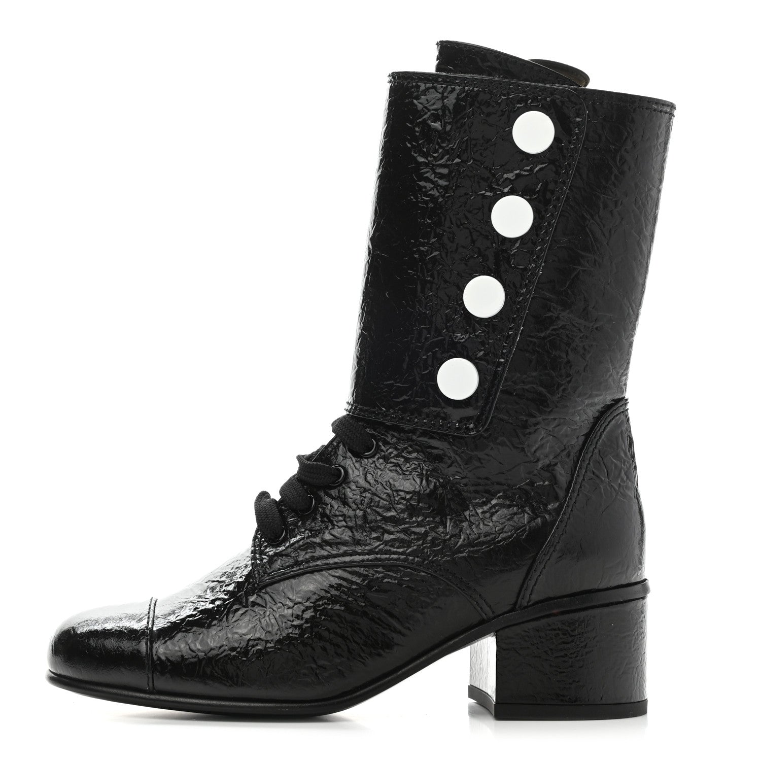 Chanel Patent Goatskin Cap Toe CC Lace Up Boots 35.5 Black 1 of 9