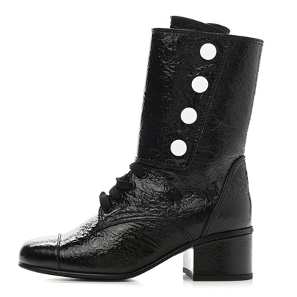 Chanel Patent Goatskin Cap Toe CC Lace Up Boots 35.5 Black 1 of 9