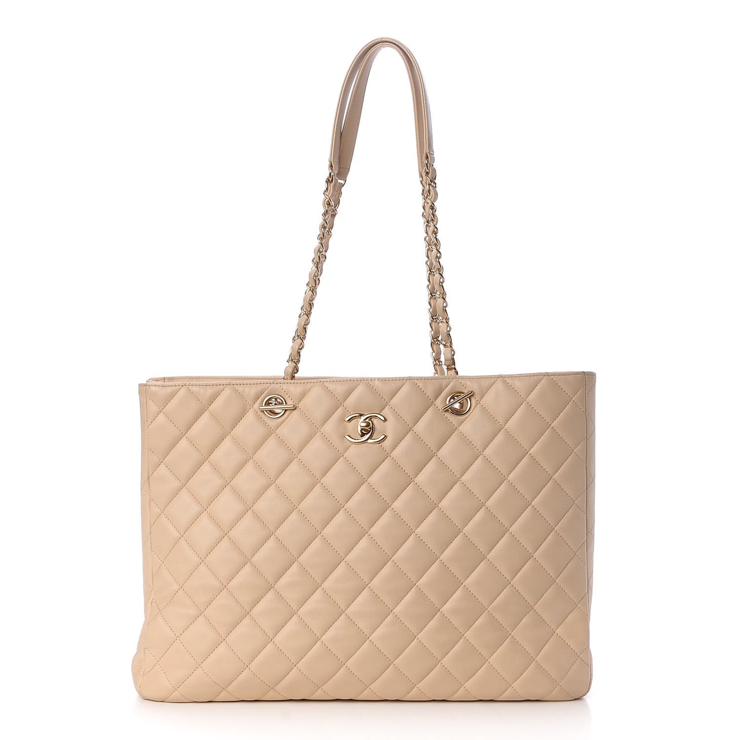 Calfskin Quilted Large CC Shopping Tote Beige