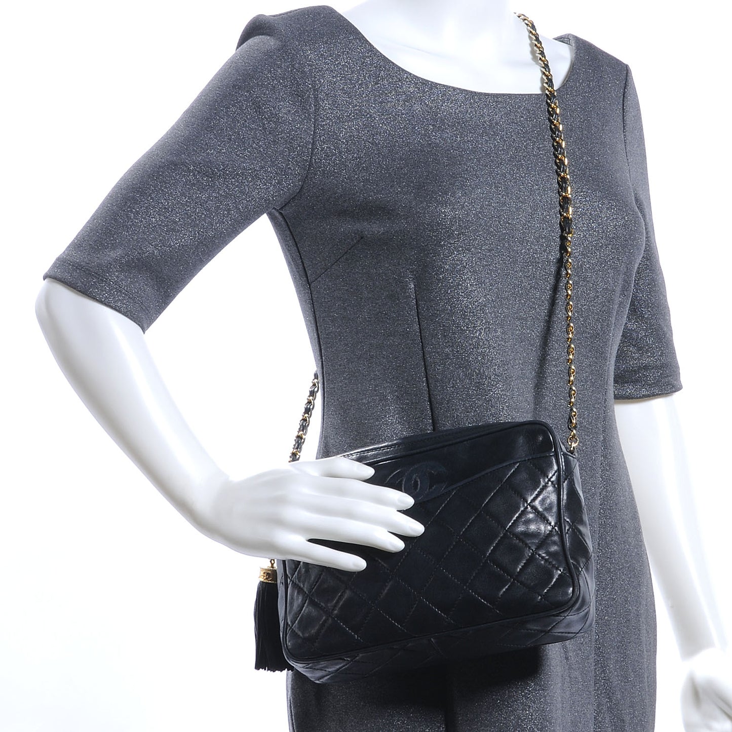 Lambskin Quilted CC Tassel Camera Case Black