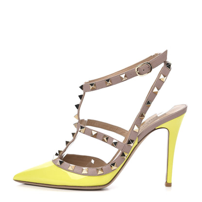 Valentino Garavani Patent Rockstud Ankle Strap Pumps 37 Yellow Poudre 1 of 10