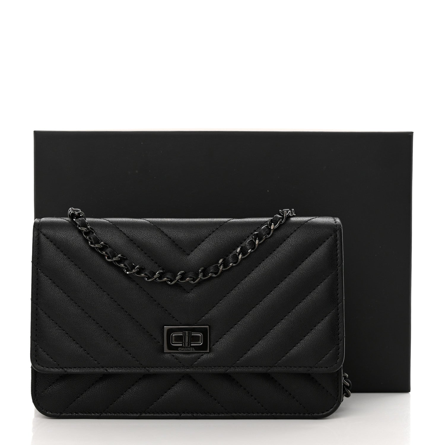 Chanel Sheepskin Chevron Reissue Wallet On Chain WOC So Black 13 of 13
