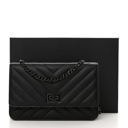 Chanel Sheepskin Chevron Reissue Wallet On Chain WOC So Black 13 of 13