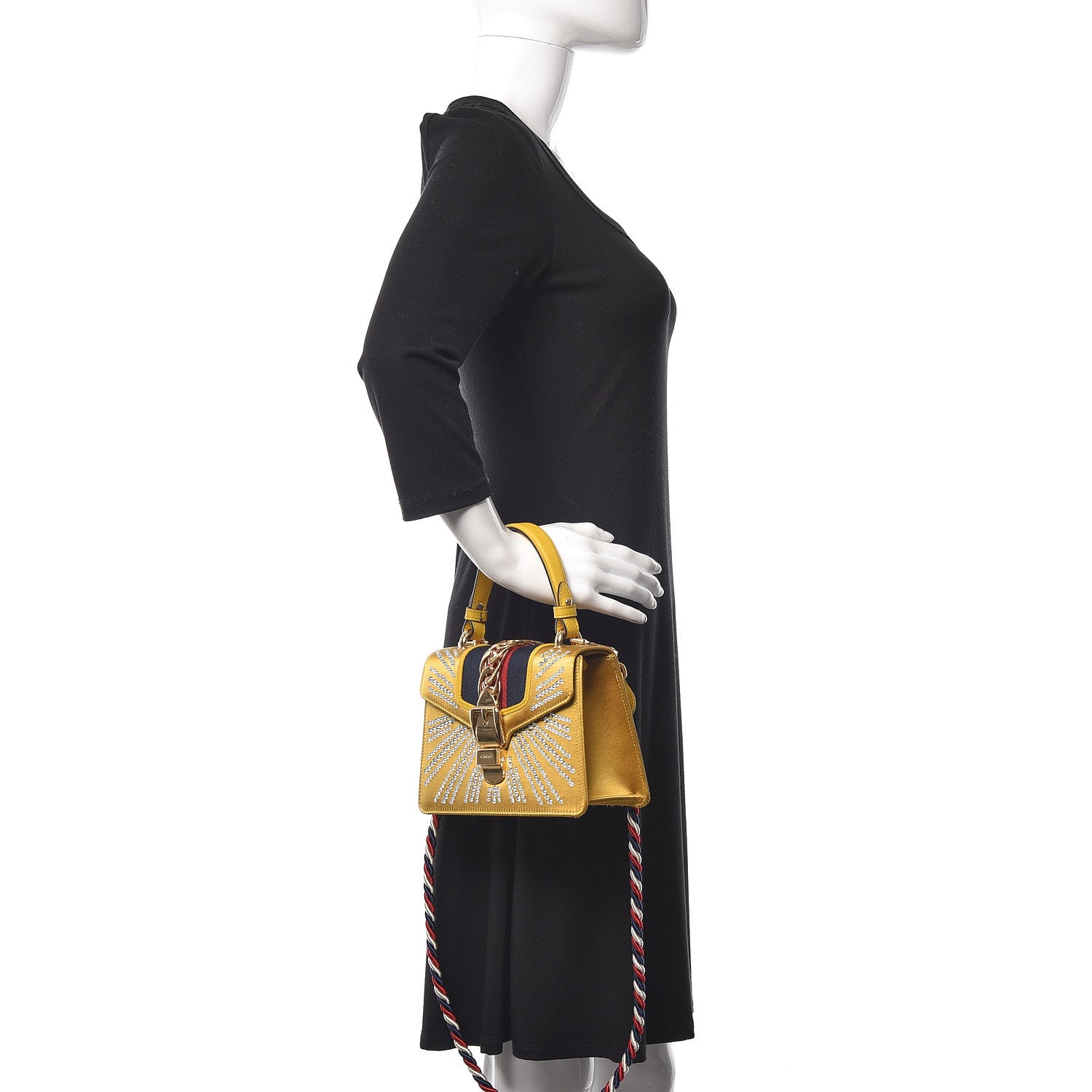 Gucci Satin Crystal Mini Sylvie Top Handle Bag Yellow 2 of 14