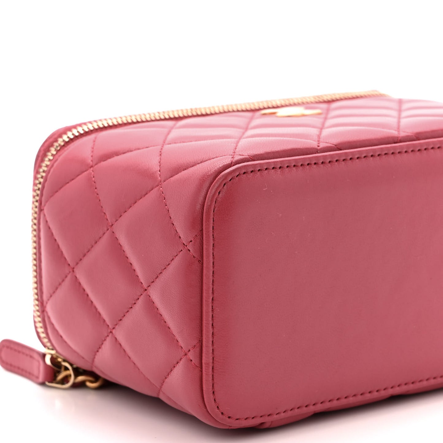 Lambskin Quilted Small Top Handle Vanity Case With Chain Dark Pink