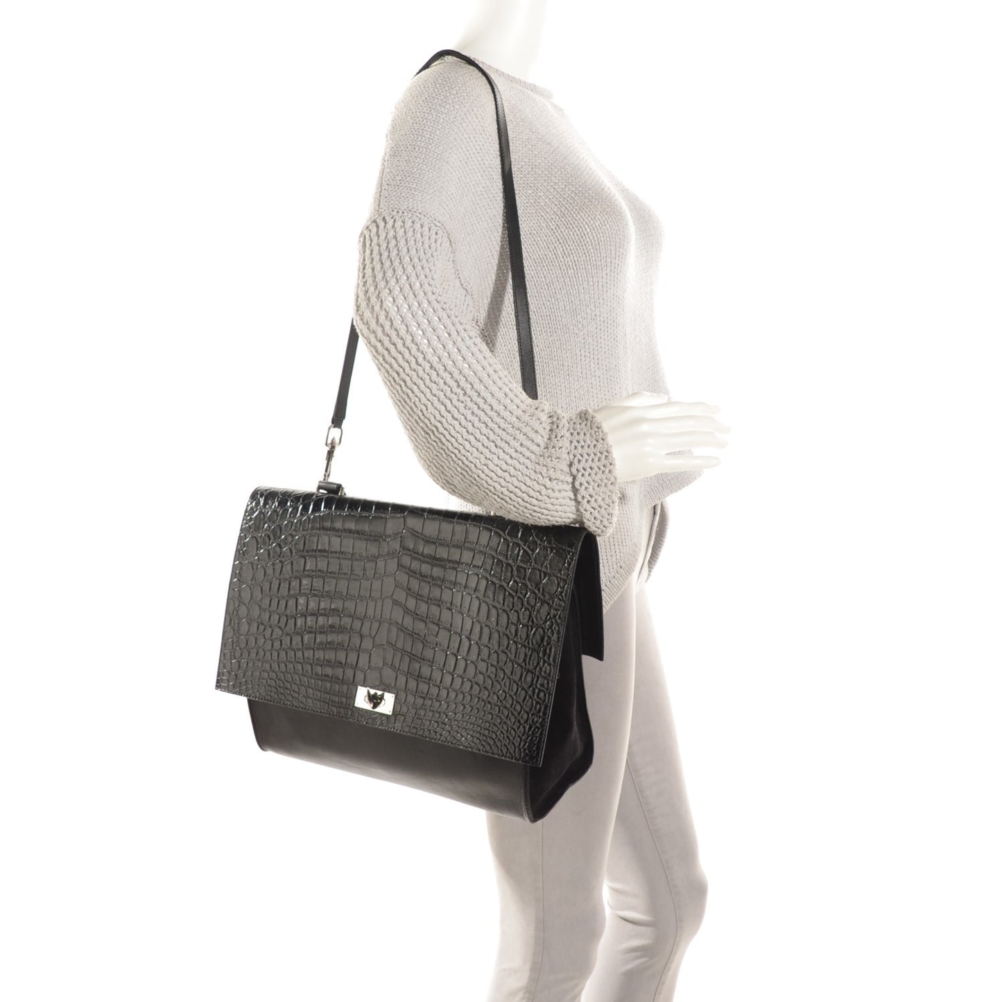 Calfskin Crocodile Embossed Medium Shark Lock Satchel Black