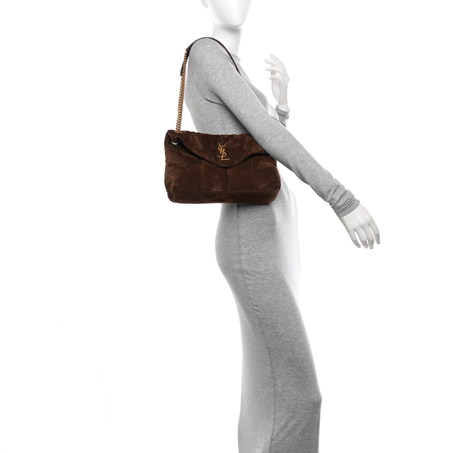 Saint Laurent Suede Calfskin Quilted Small Loulou Puffer Monogram Chain Satchel Bark Brown 2 of 10