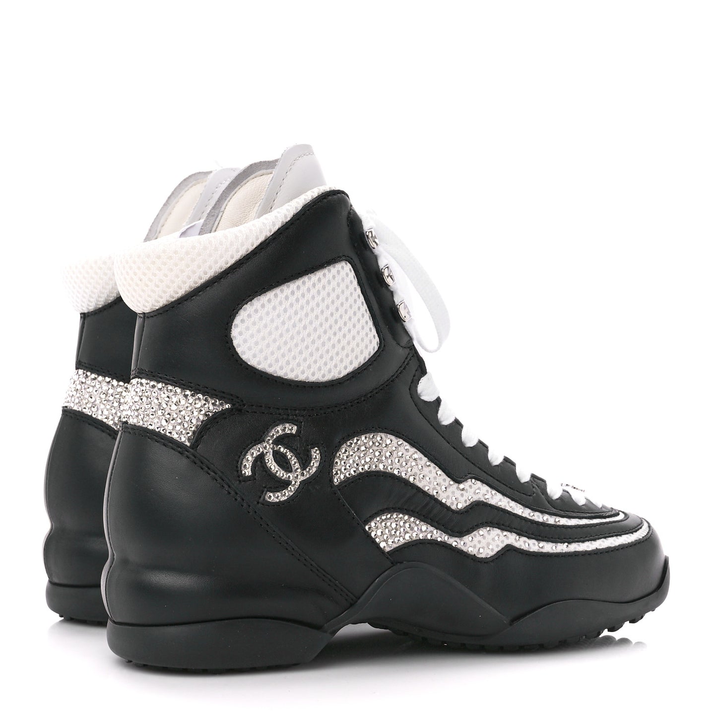 Fabric Calfskin Strass Womens CC Sneakers 38 Black White Silver