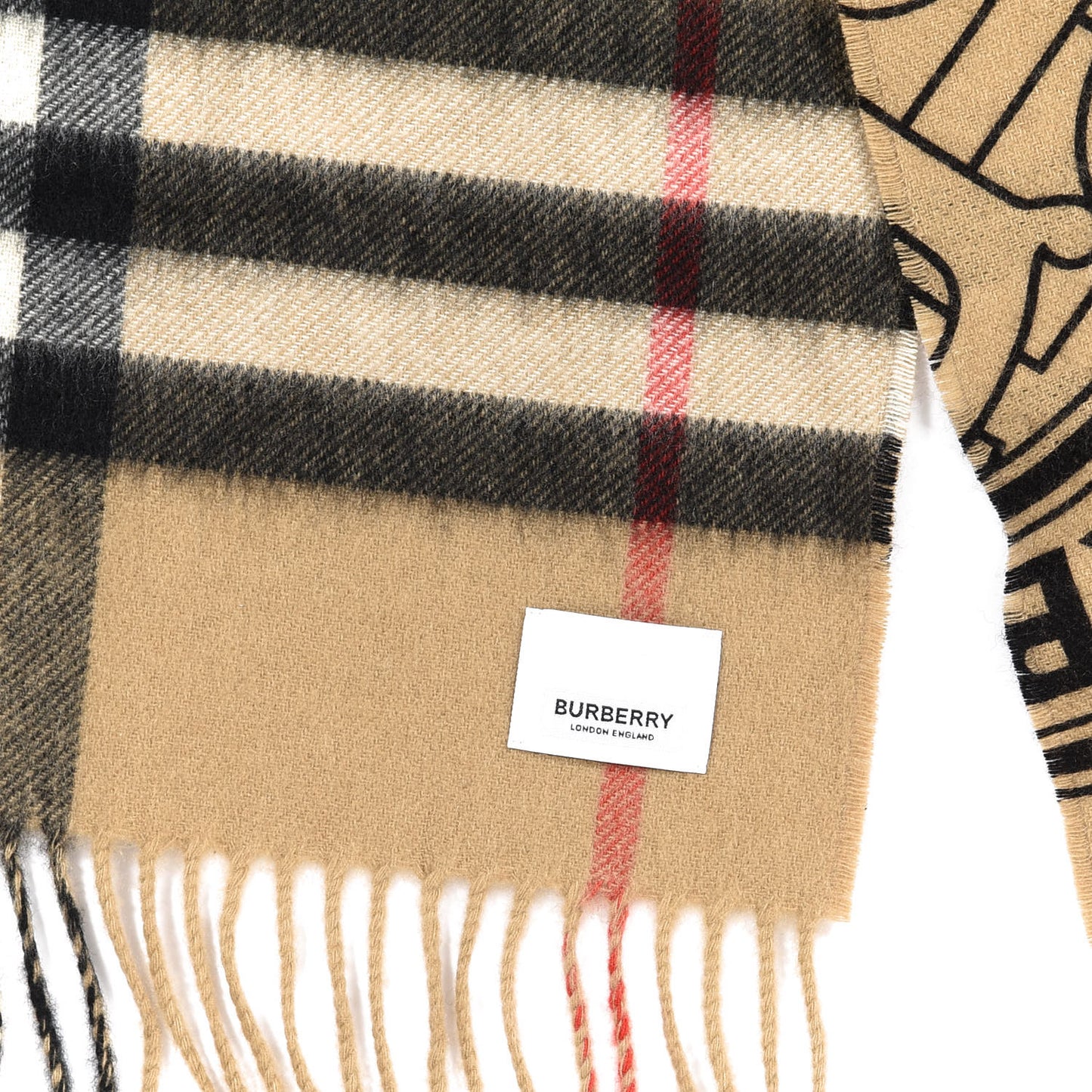 Cashmere Giant Check Monogram Reversible Fringe Scarf Archive Beige