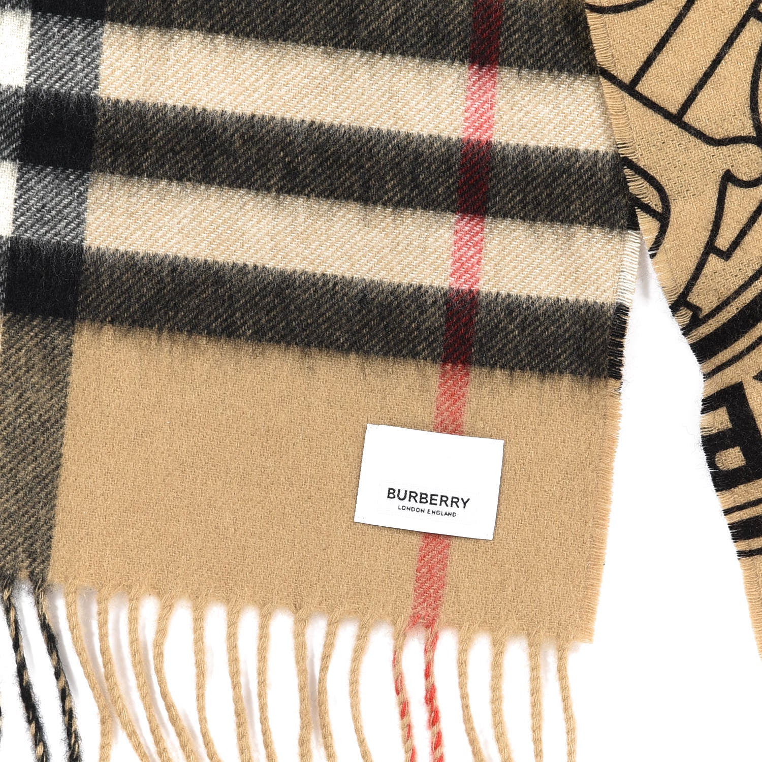 Burberry Cashmere Giant Check Monogram Reversible Fringe Scarf Archive Beige 3 of 4