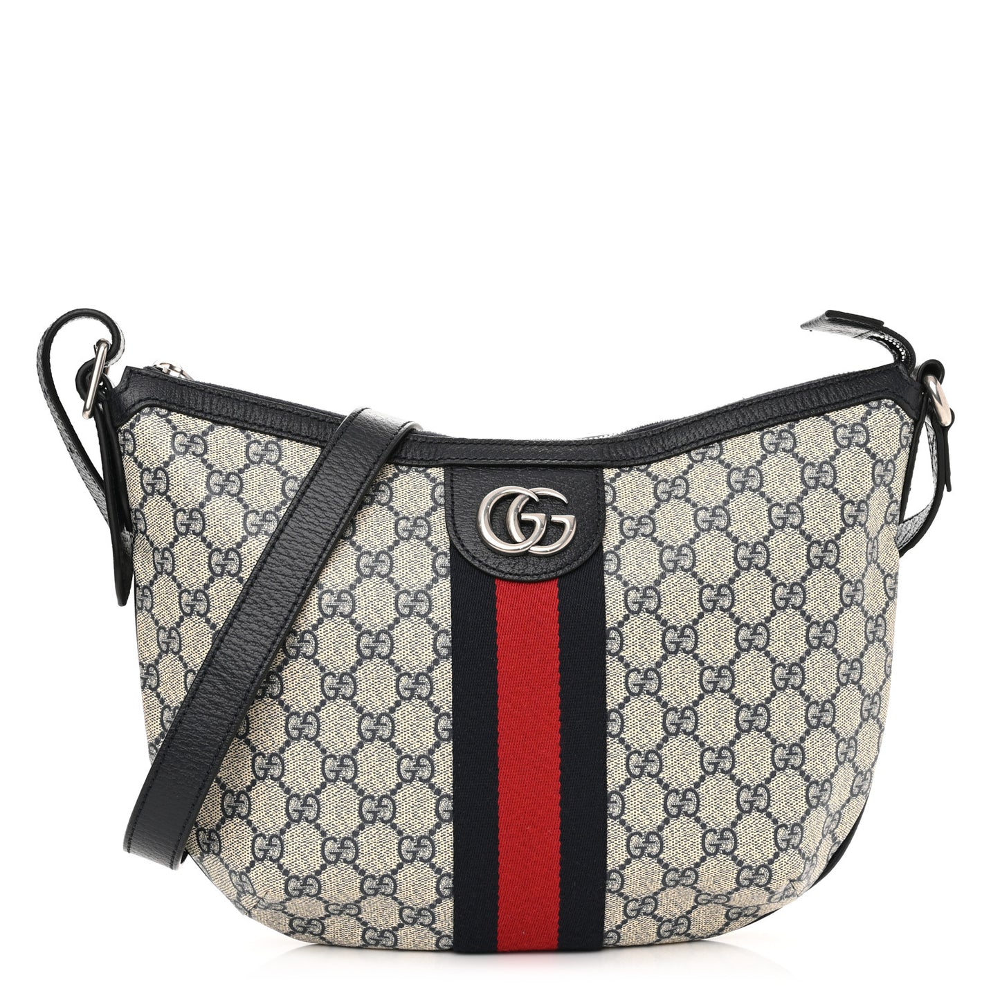 GG Supreme Monogram Textured Dollar Calfskin Web Small Ophidia Half Moon Hobo Beige Blue