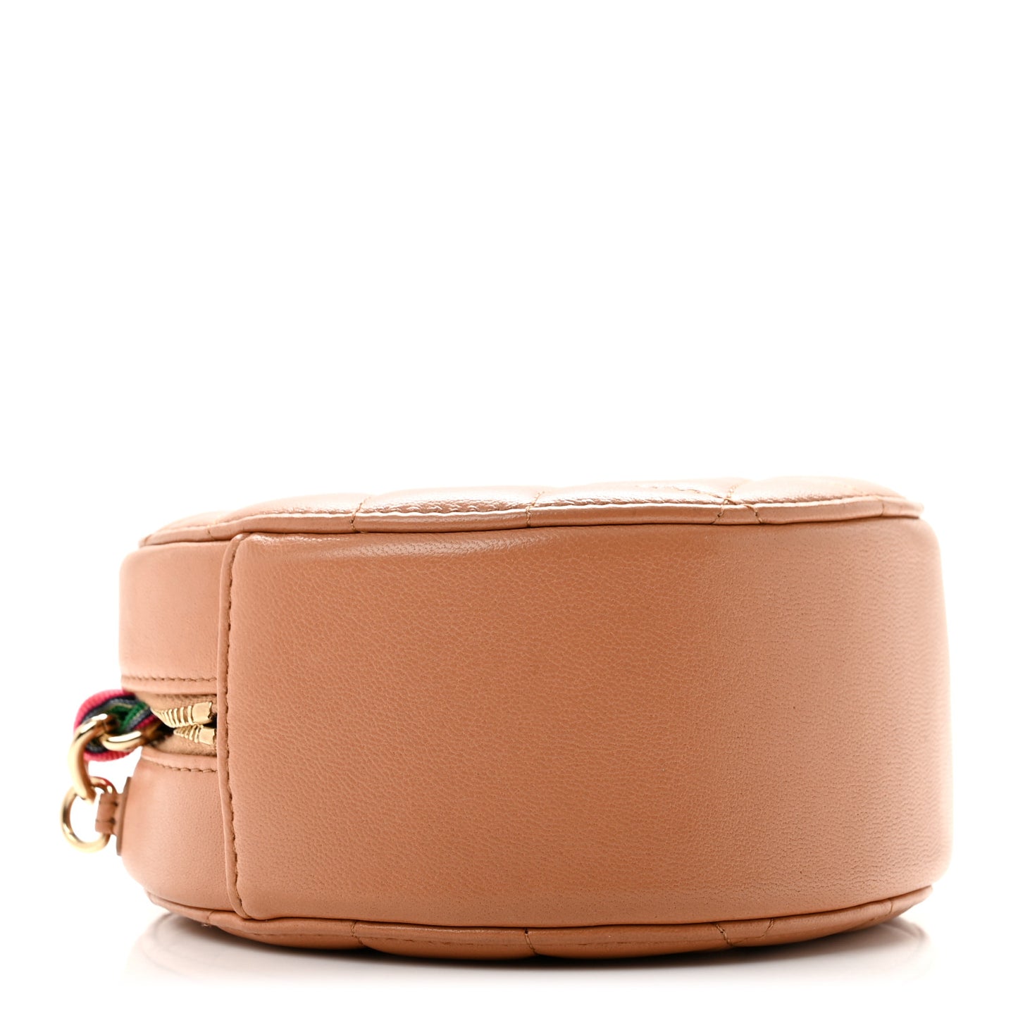 Shiny Lambskin Ribbon Quilted Round Clutch With Chain Brown