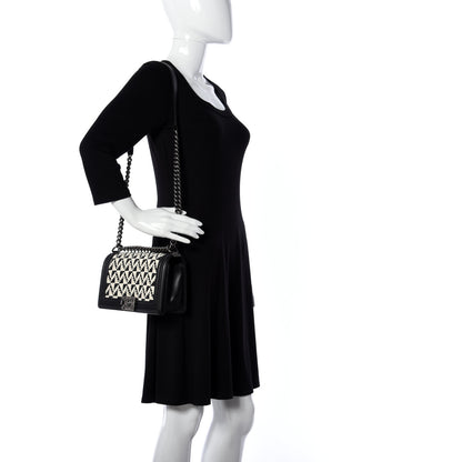 Chanel Calfskin Woven Medium Boy Flap Black White 2 of 10