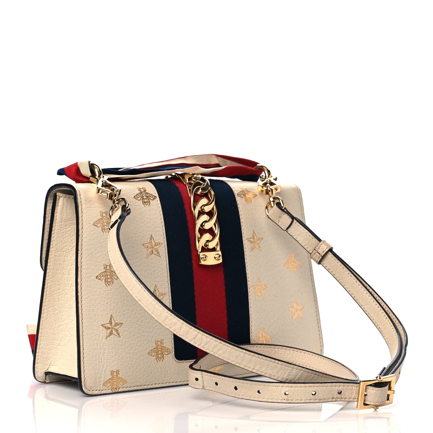 Gucci Textured Calfskin Bee Star Print Small Sylvie Shoulder Bag Mystic White 3 of 10