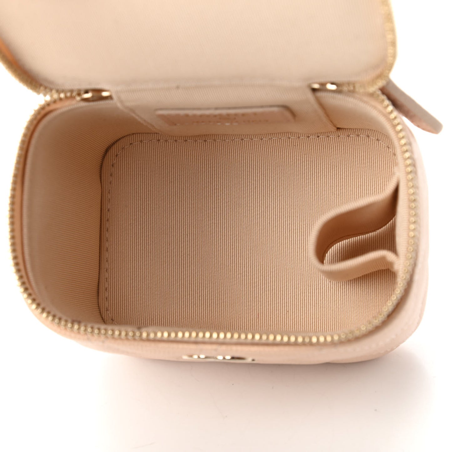 Iridescent Caviar Quilted Mini Pearl On Top Vanity Case With Chain Beige