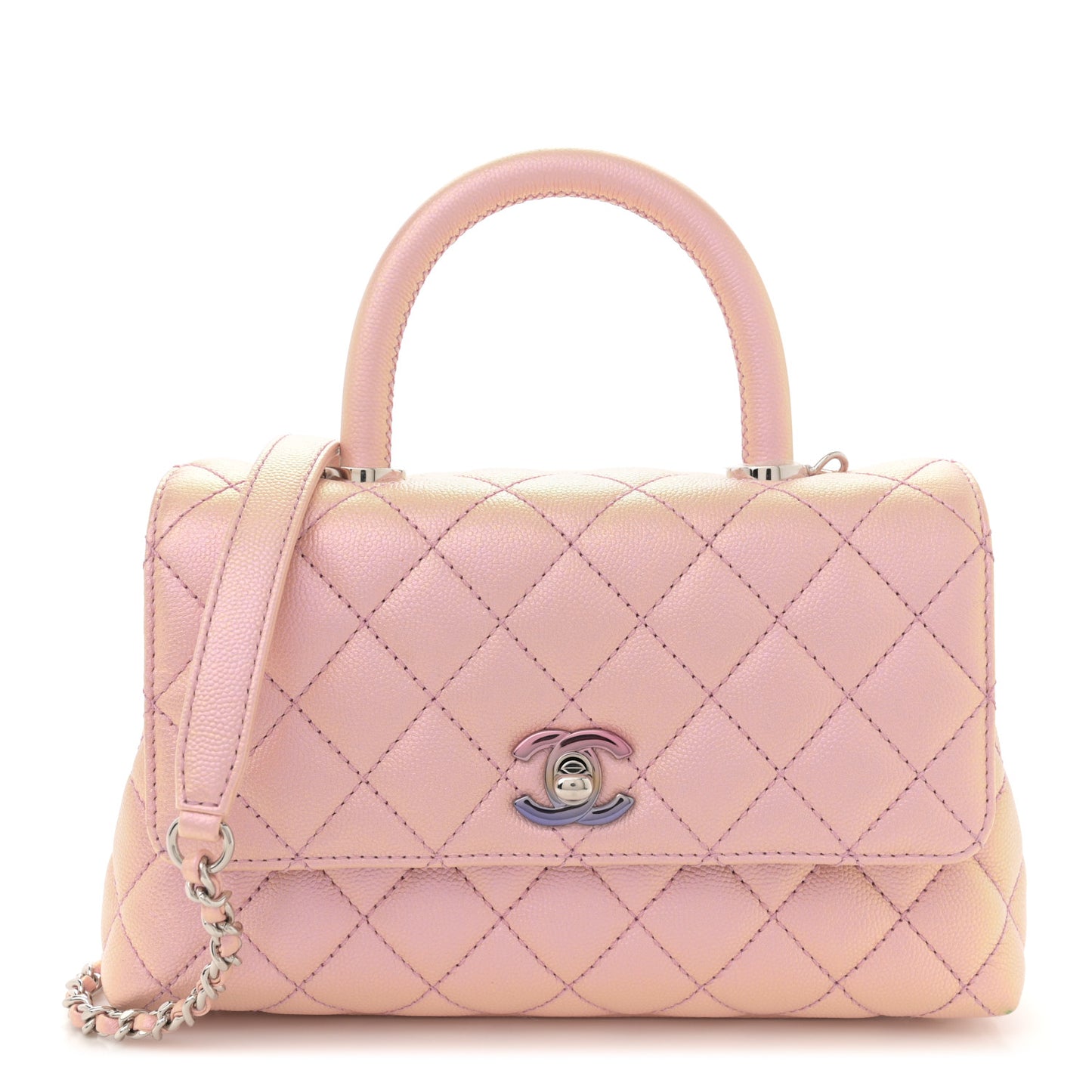 Iridescent Caviar Quilted Mini Coco Handle Flap Pink