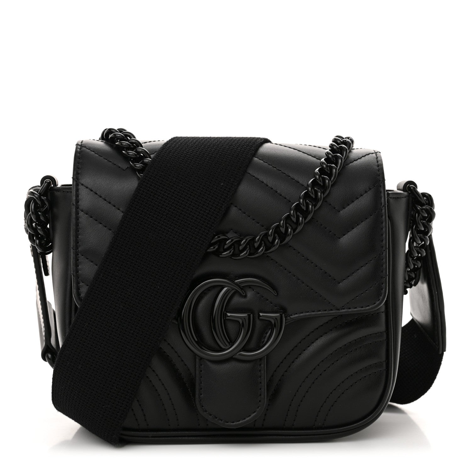 Gucci Calfskin Matelasse Monochrome Mini GG Marmont Crossbody Shoulder Bag Black 1 of 11