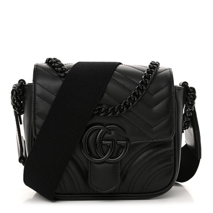 Gucci Calfskin Matelasse Monochrome Mini GG Marmont Crossbody Shoulder Bag Black 1 of 11