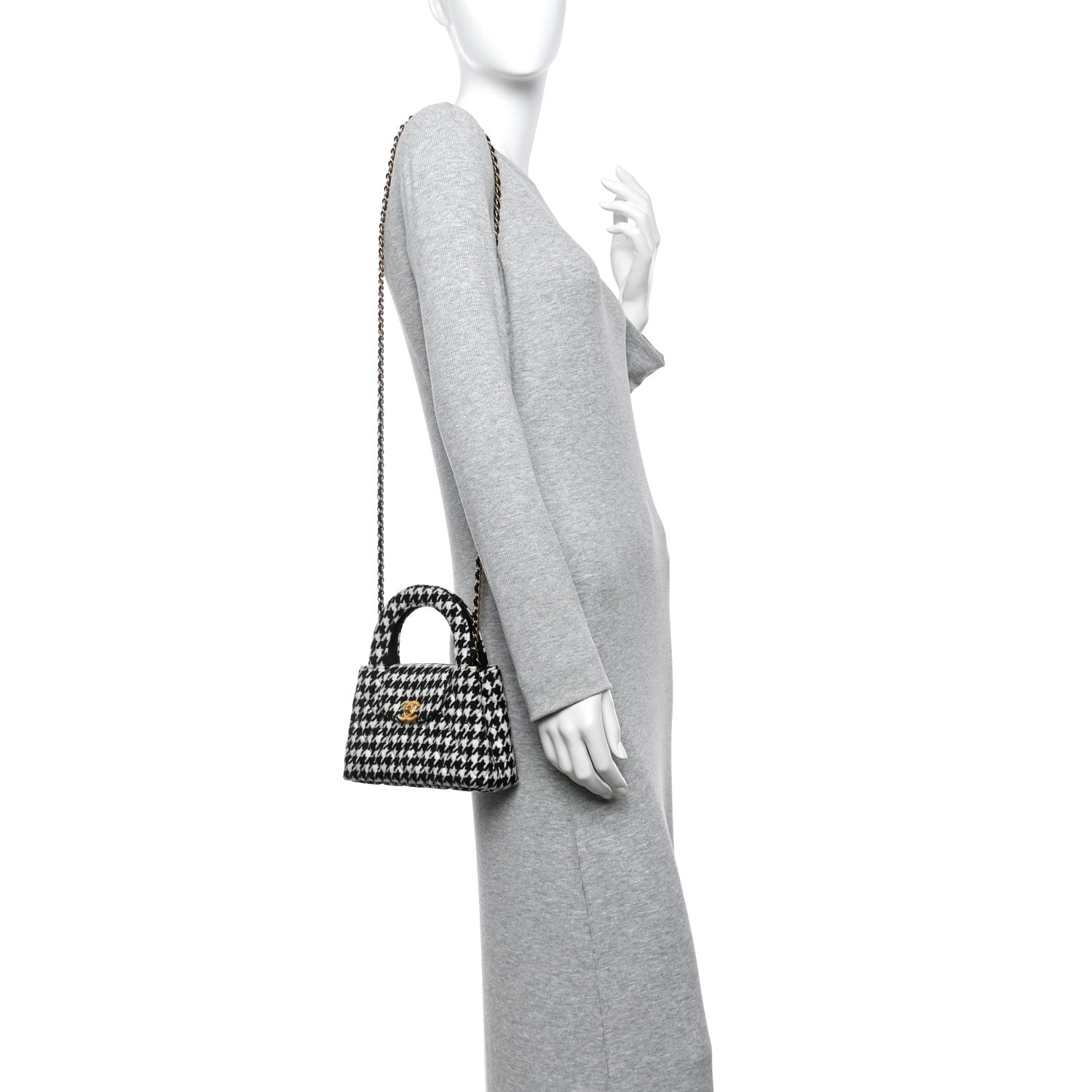Chanel Tweed Houndstooth Quilted Nano Kelly Shopper Black White 2 of 10