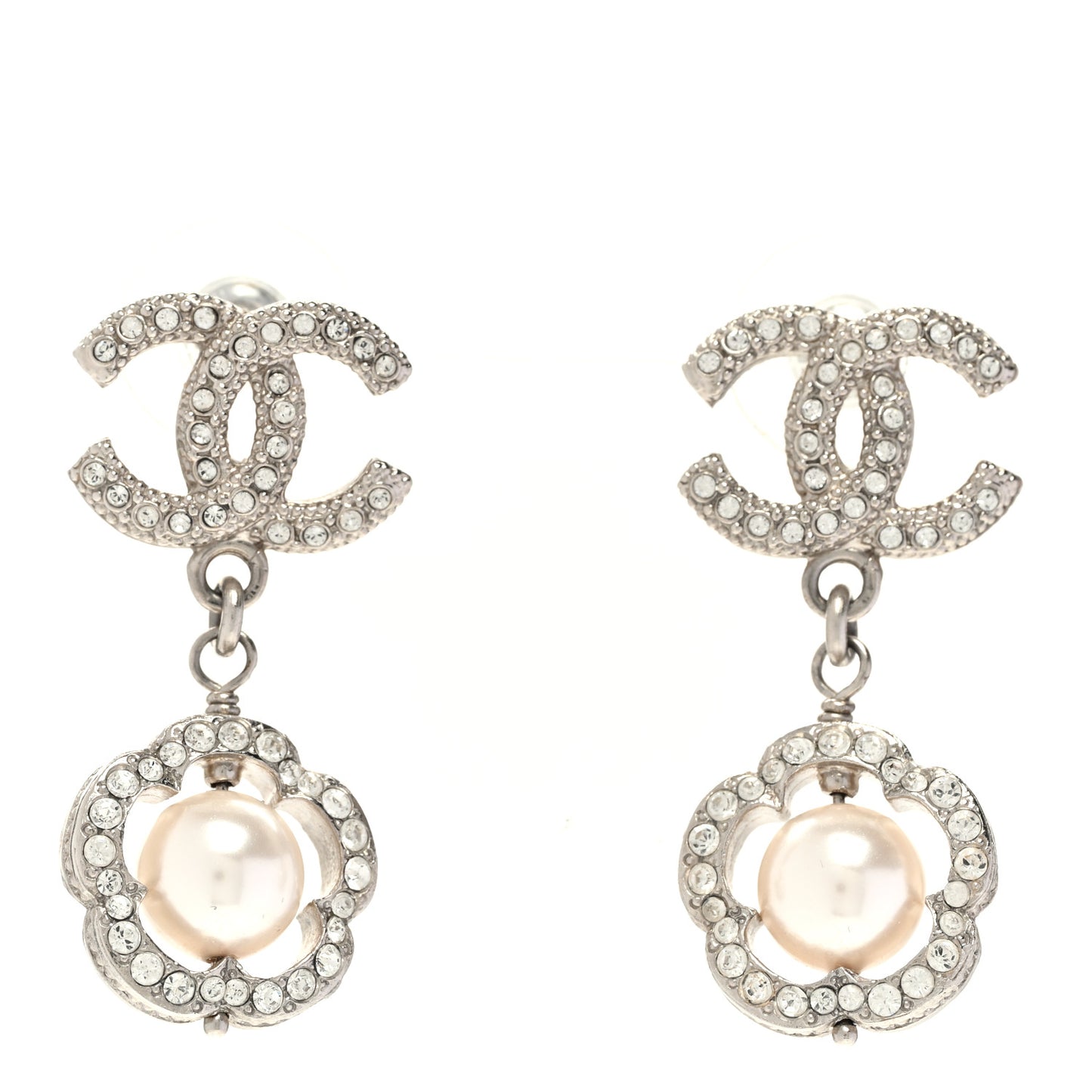Crystal Pearl Camellia CC Coco Flapper Drop Earrings Silver