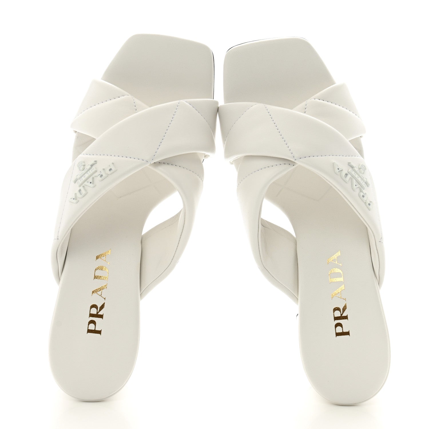 Prada Nappa Logo Quilted Crisscross 65mm Block Heel Slide Sandals  36 White 2 of 9