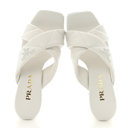 Prada Nappa Logo Quilted Crisscross 65mm Block Heel Slide Sandals  36 White 2 of 9