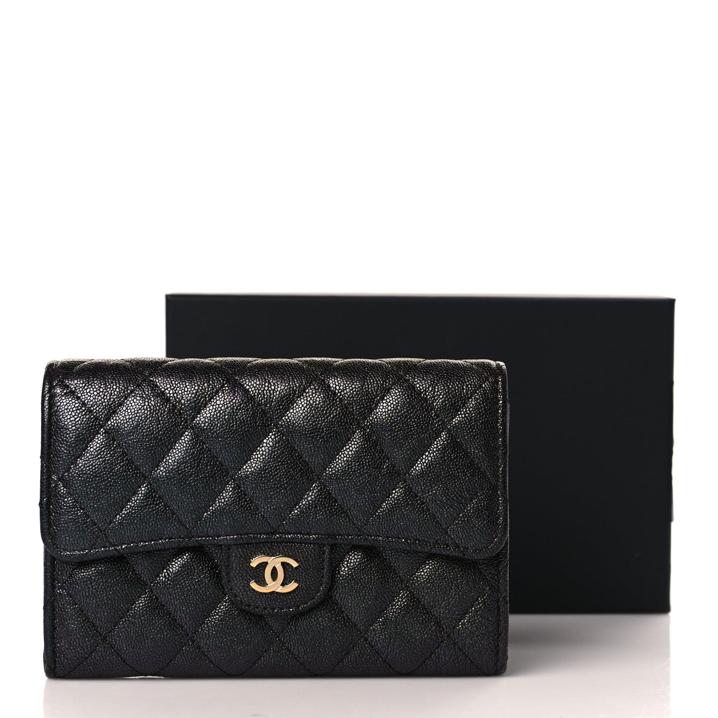 Iridescent Caviar Quilted Large Gusset Flap Wallet Black