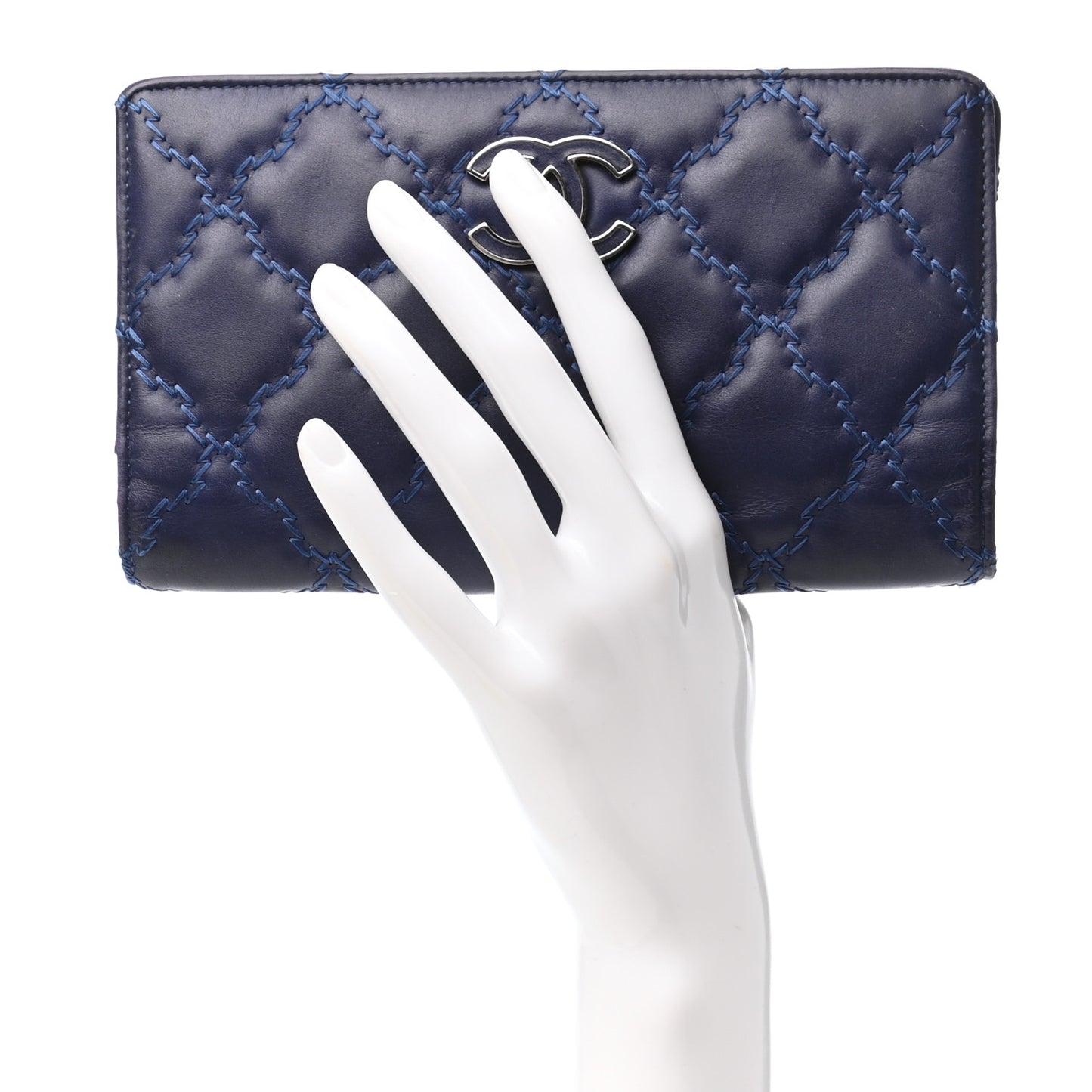 Calfskin Double Stitch Hampton Yen Wallet Blue