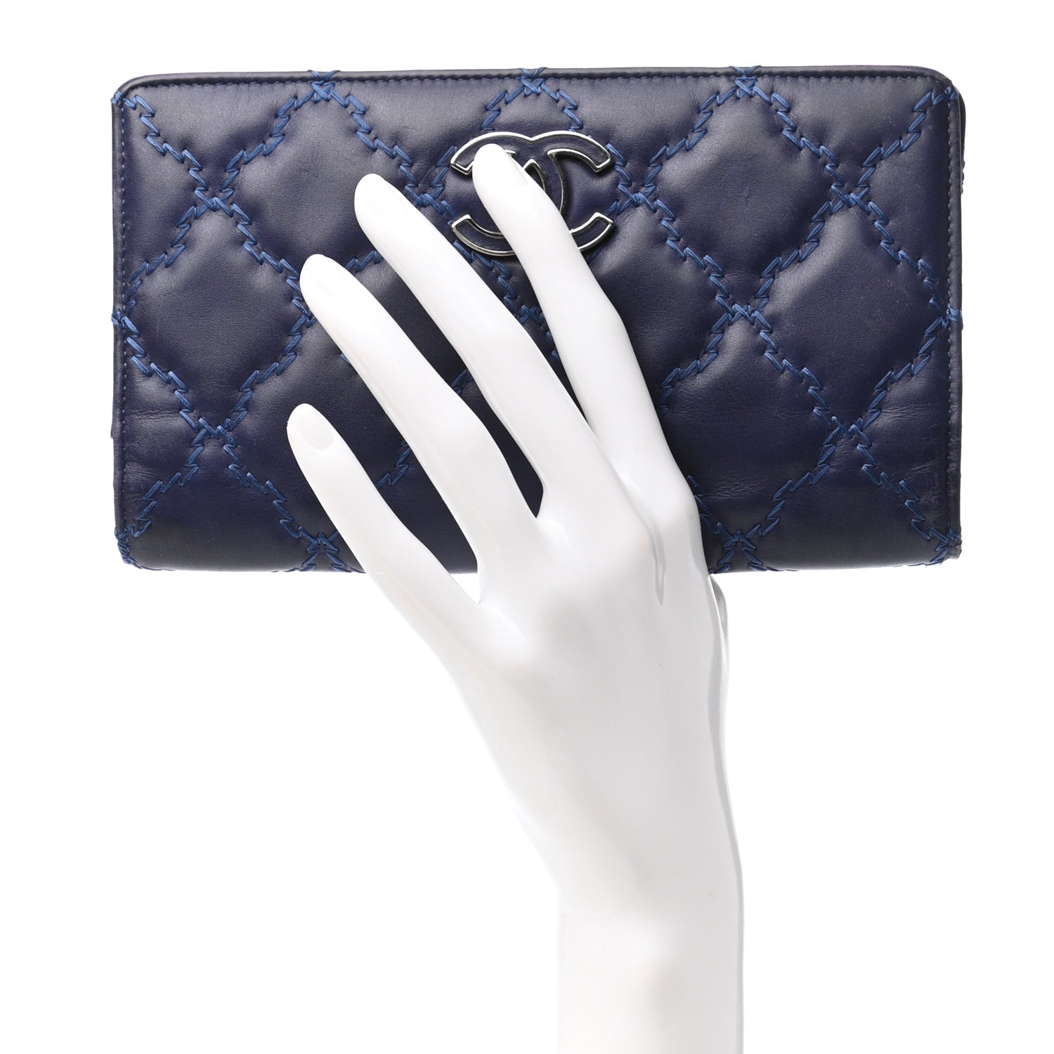 Chanel Calfskin Double Stitch Hampton Yen Wallet Blue 2 of 9
