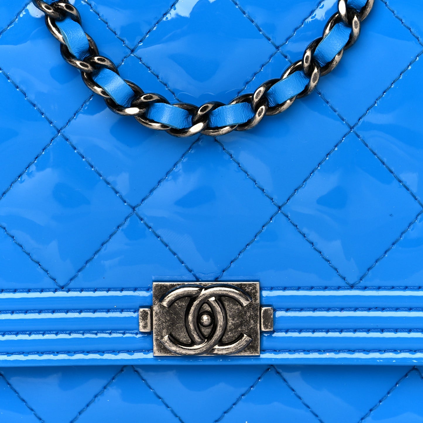 Patent Calfskin Quilted Boy Wallet On Chain WOC Blue